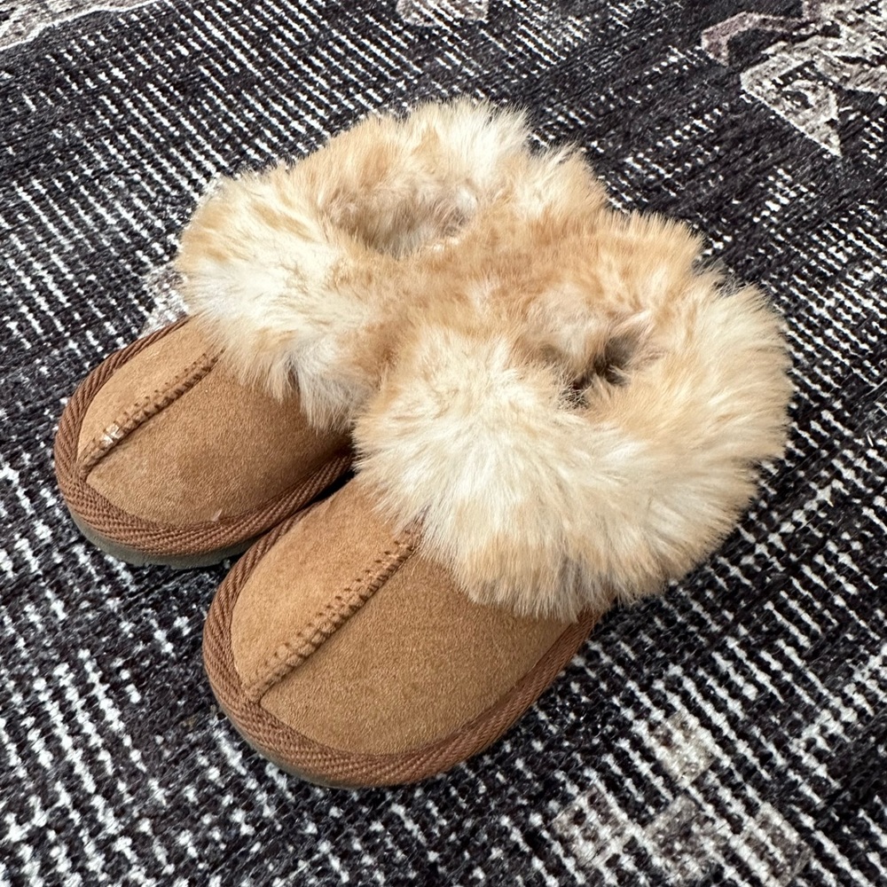 Gently used tan hard sole fuzzy slipper boots